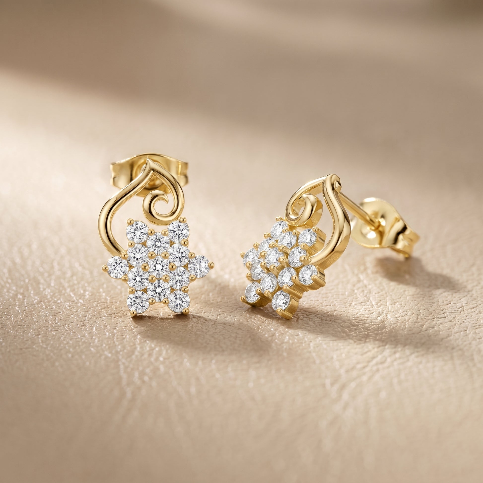 Round Cut Lab Grown Diamond Petal Cluster Stud Earrings in Yellow Gold