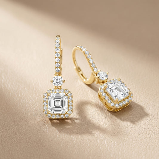 Asscher Round Cut Lab Grown Diamond Fashion Earrings in Yellow Gold