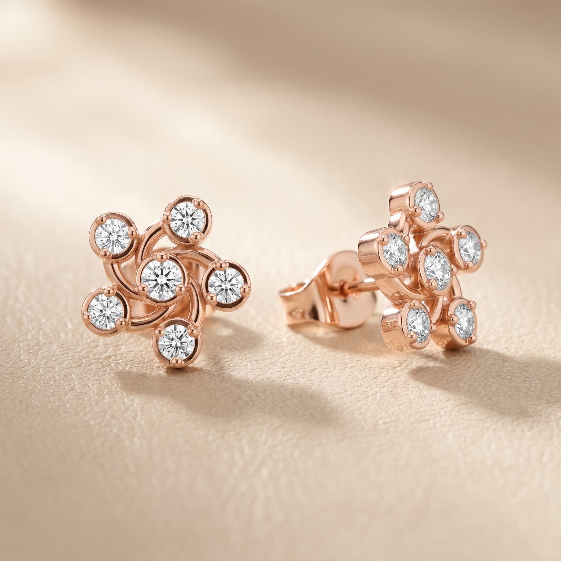 Celestia Pinwheel Round Diamond Stud Earrings in Rose Gold - Round Cut Lab Diamond Rose Gold Ring