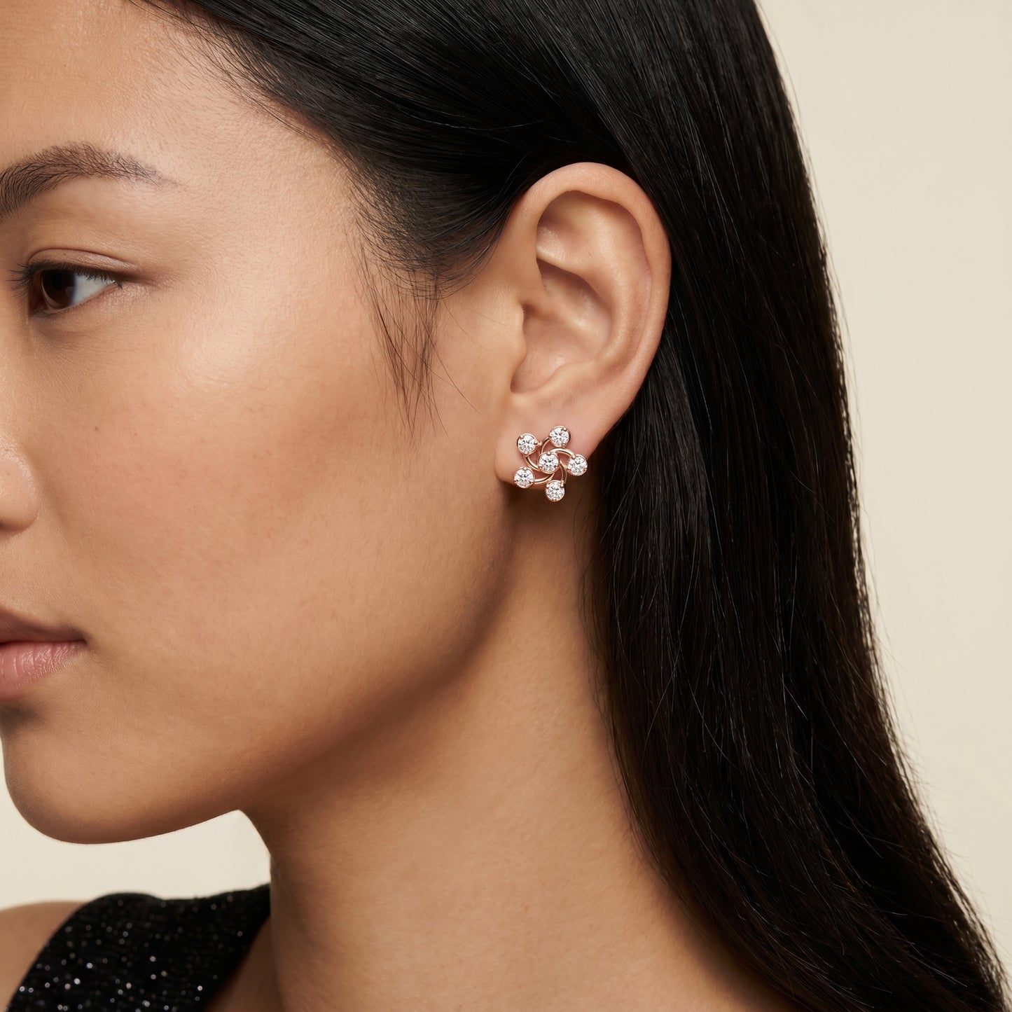 Celestia Pinwheel Round Diamond Stud Earrings in Rose Gold - Round Cut Lab Diamond Rose Gold Ring