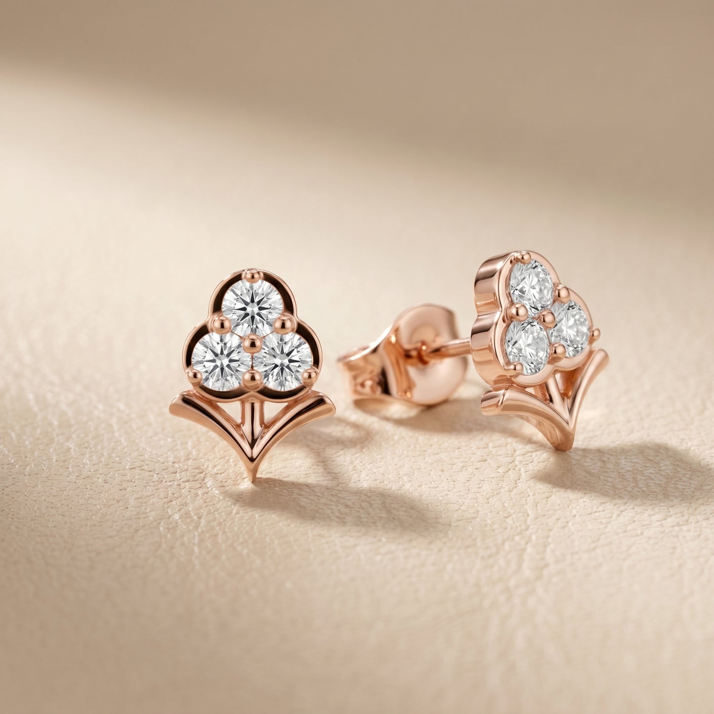 Fleur-de-Lis Round Diamond Stud Earrings in Rose Gold - Round Cut Lab Diamond Rose Gold Ring