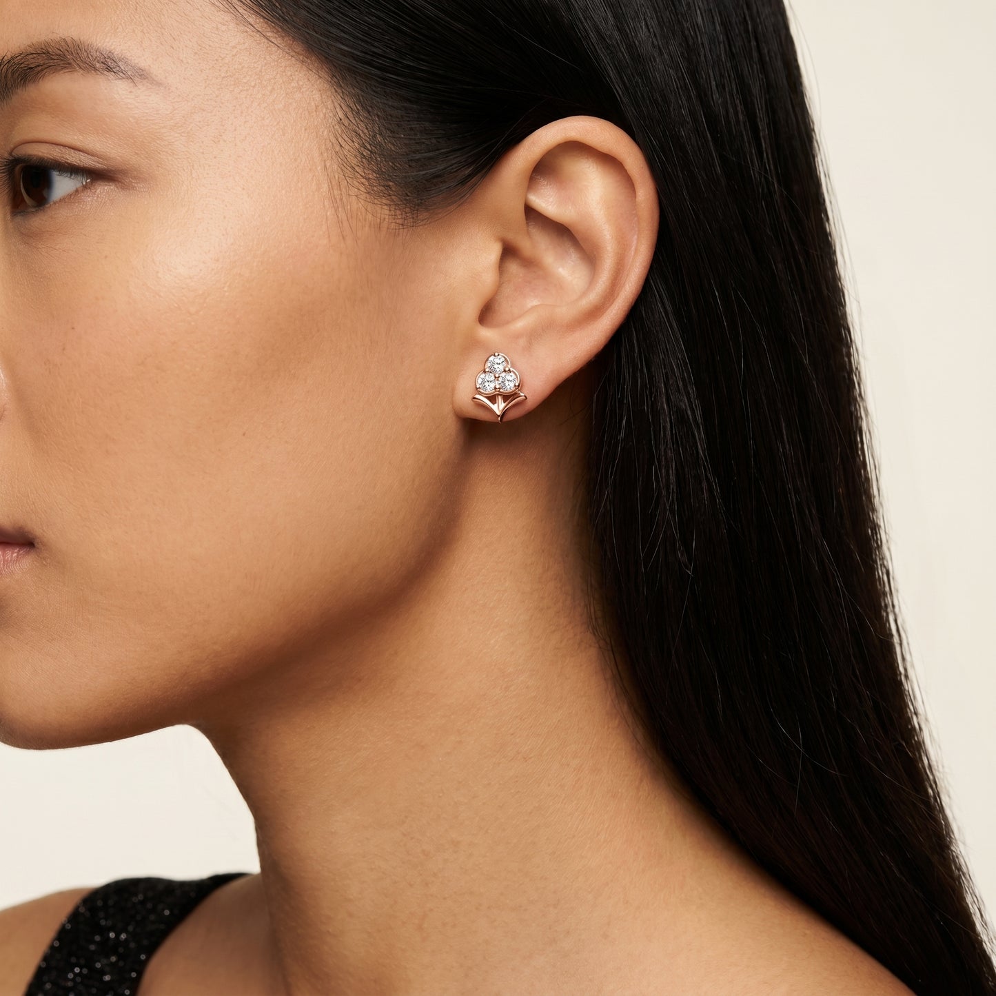 Fleur-de-Lis Round Diamond Stud Earrings in Rose Gold - Round Cut Lab Diamond Rose Gold Ring