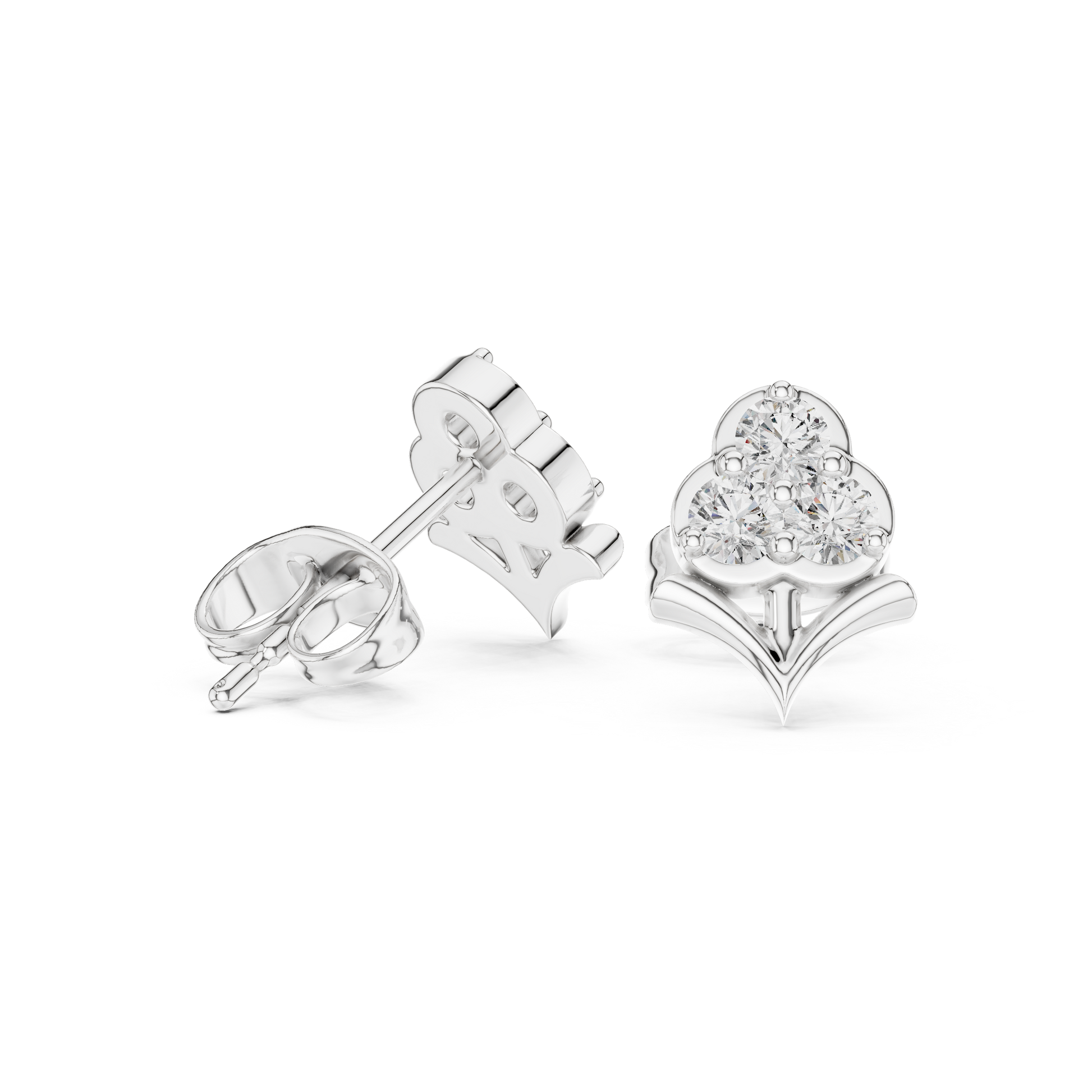 Fleur-de-Lis Round Diamond Stud Earrings in Silver - Round Cut Lab Diamond Silver Ring