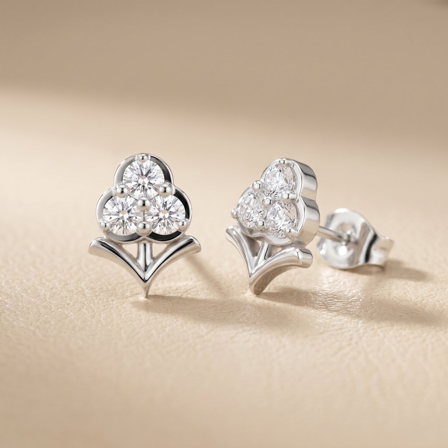 Fleur-de-Lis Round Diamond Stud Earrings in Silver - Round Cut Lab Diamond Silver Ring