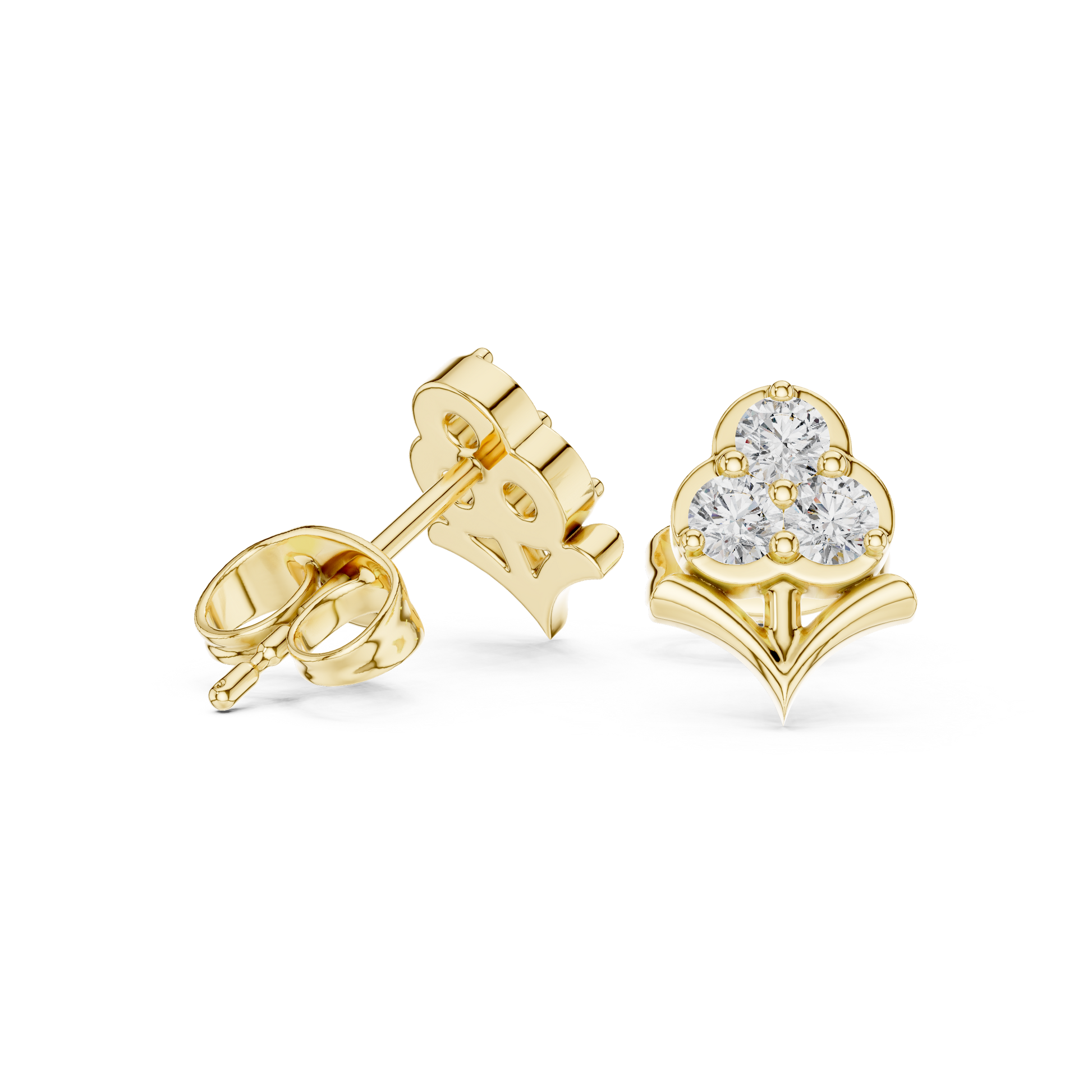 Fleur-de-Lis Round Diamond Stud Earrings in Yellow Gold - Round Cut Lab Diamond Yellow Gold Ring