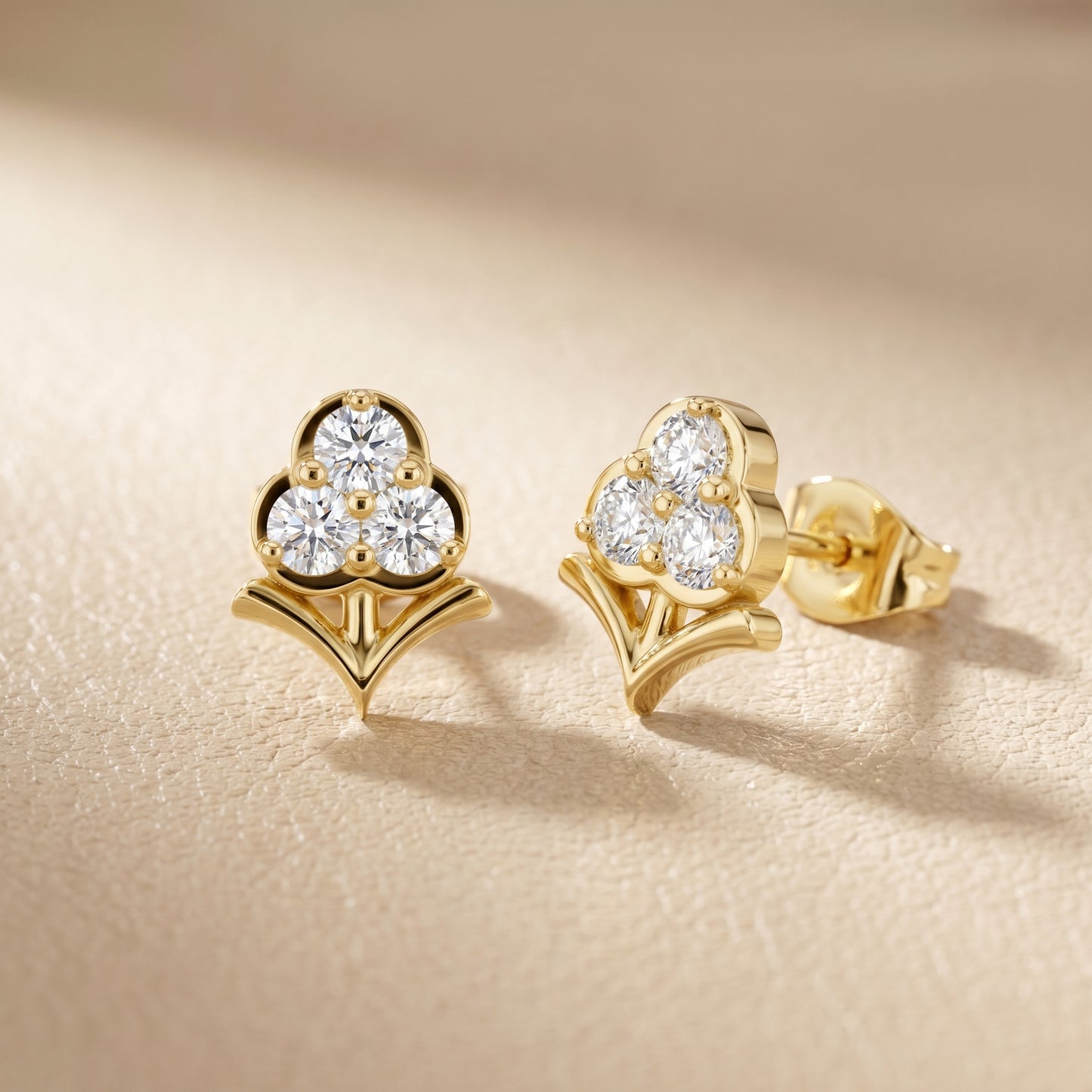 Fleur-de-Lis Round Diamond Stud Earrings in Yellow Gold - Round Cut Lab Diamond Yellow Gold Ring