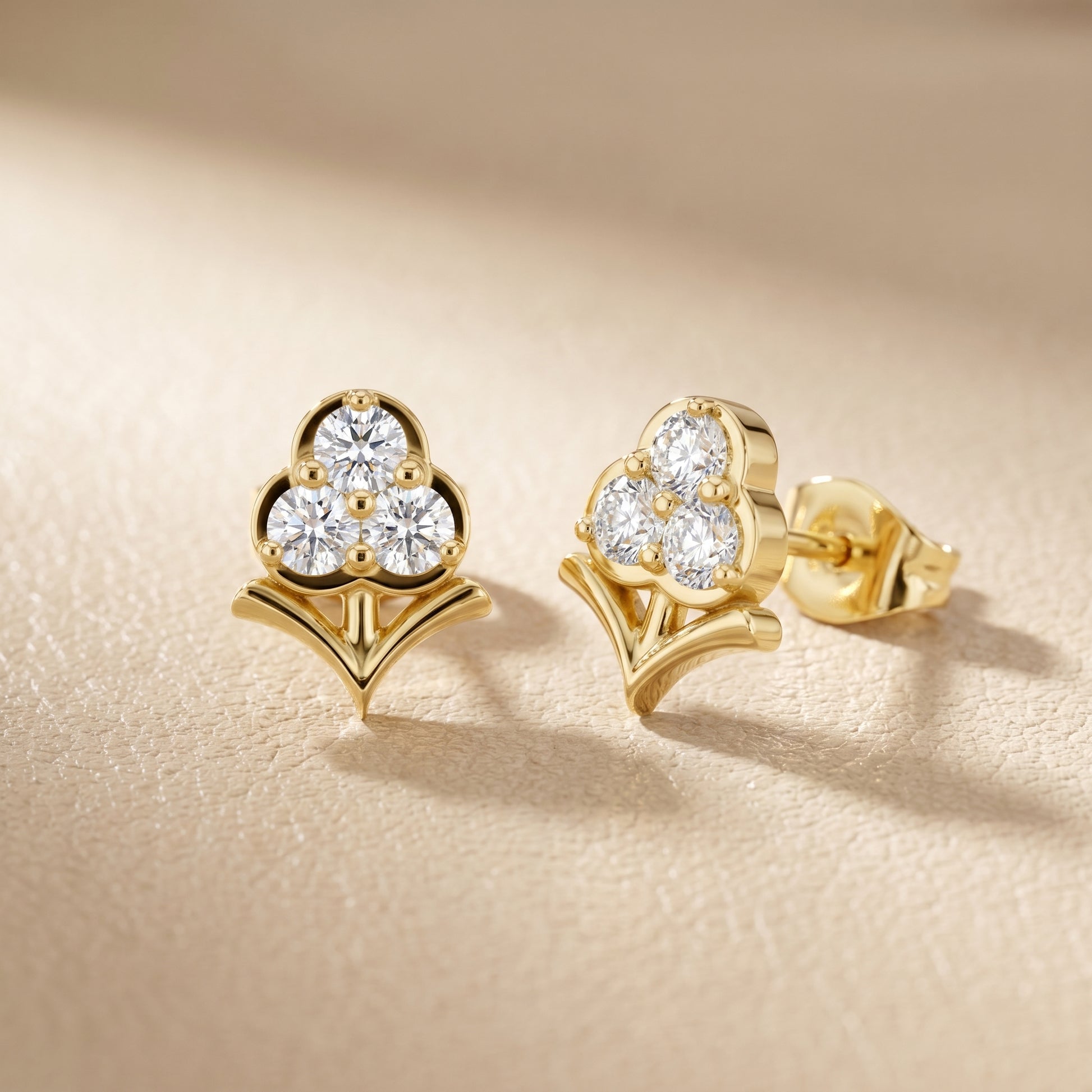 Fleur-de-Lis Round Diamond Stud Earrings in Yellow Gold - Round Cut Lab Diamond Yellow Gold Ring
