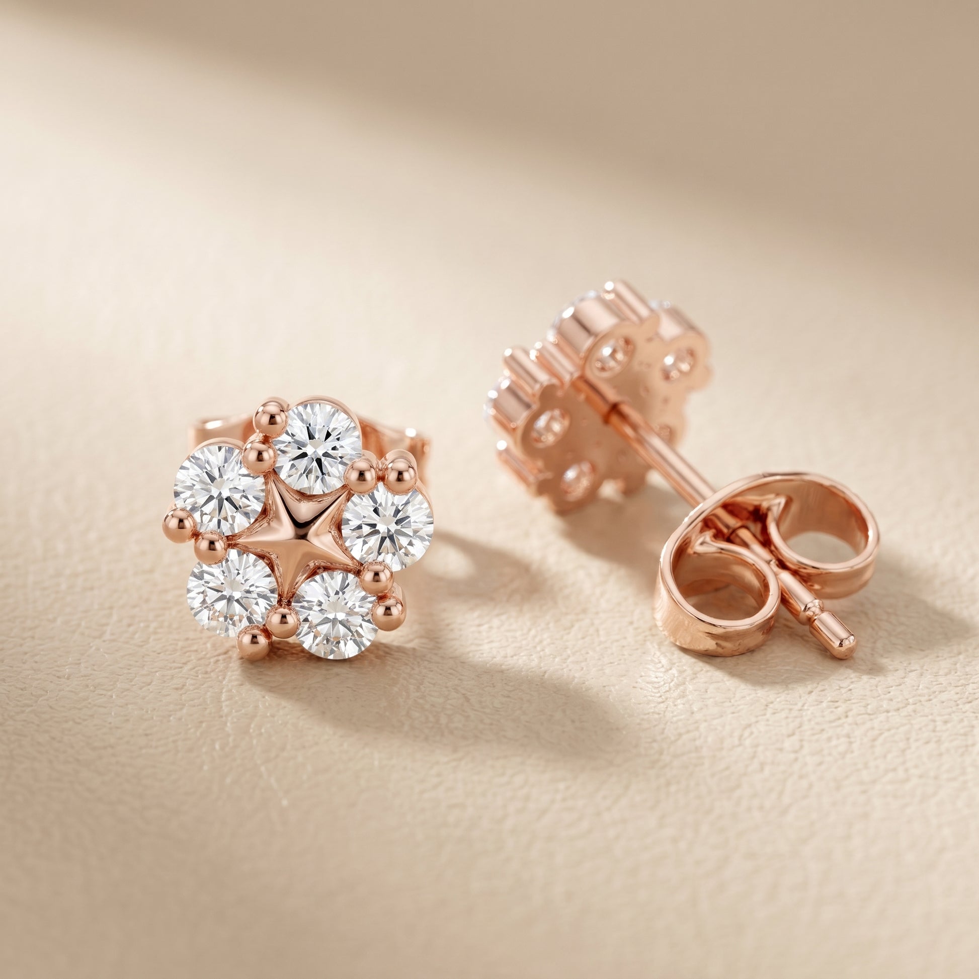 Stella Bloom Round Diamond Stud Earrings in Rose Gold - Round Cut Lab Diamond Rose Gold Ring