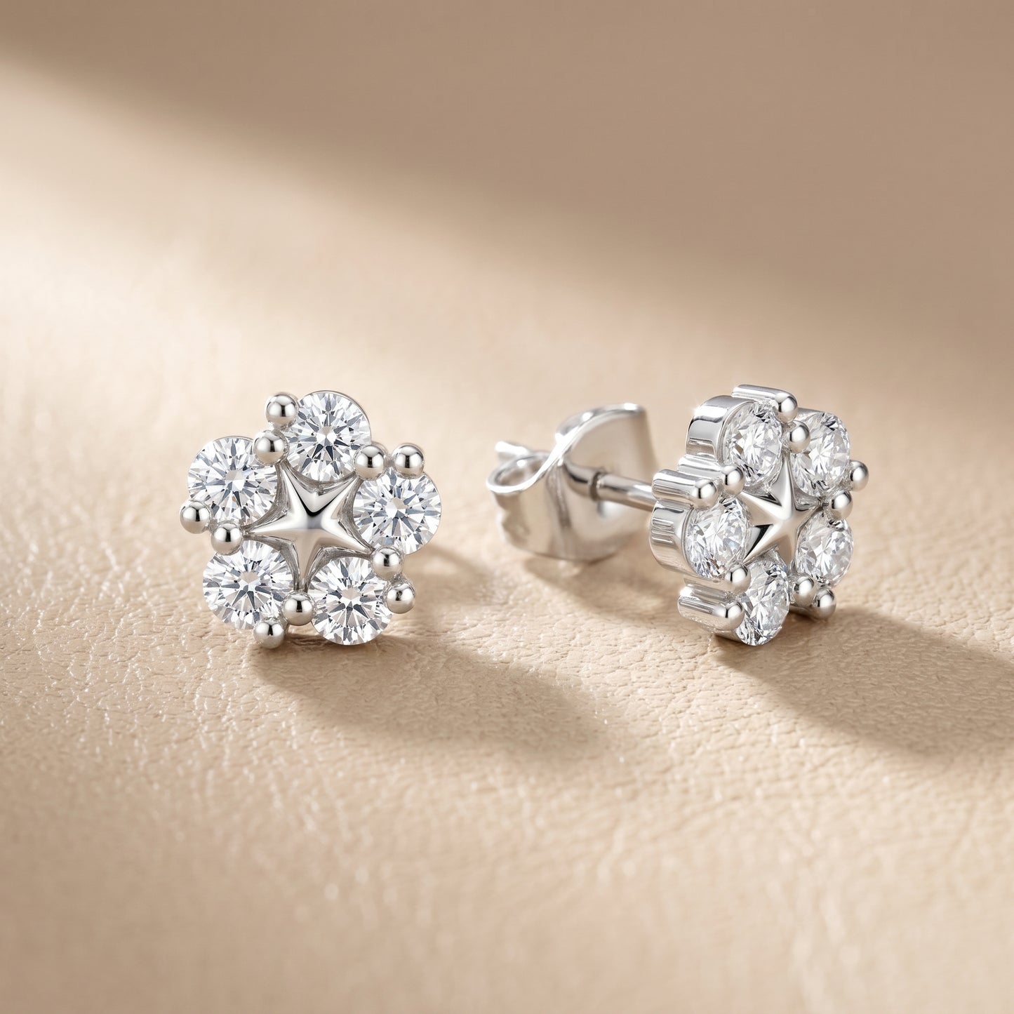 Stella Bloom Round Diamond Stud Earrings in Silver - Round Cut Lab Diamond Silver Ring