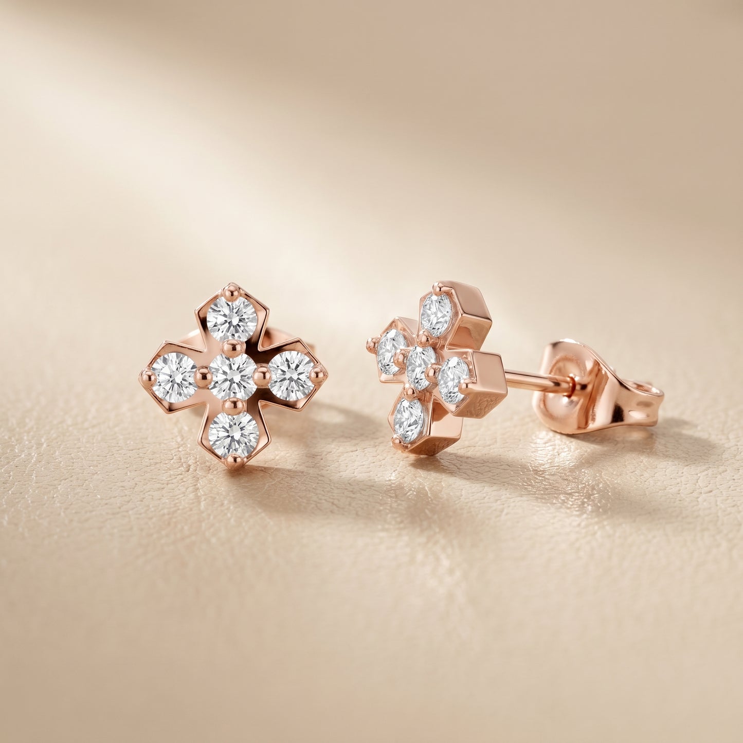 5-Stone Round Diamond Clove Stud Earrings in Rose Gold - Round Cut Lab Diamond Rose Gold Ring