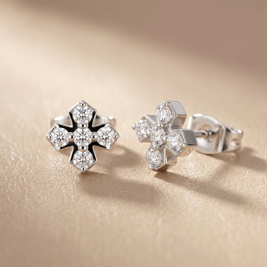 5-Stone Round Diamond Clove Stud Earrings in White Gold - Round Cut Lab Diamond White Gold Ring