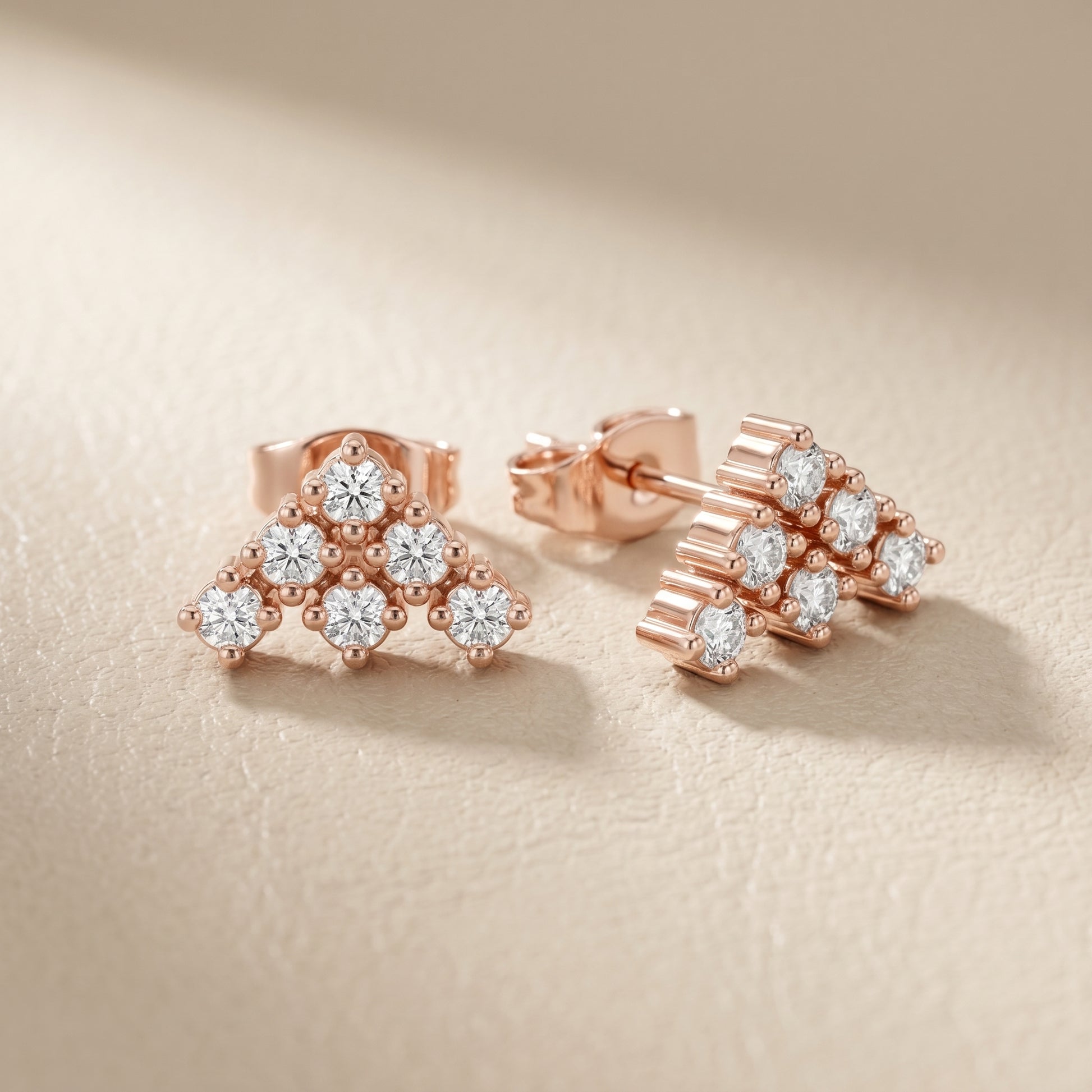 Triad Pyramid Round Diamond Stud Earrings in Rose Gold - Round Cut Lab Diamond Rose Gold Ring
