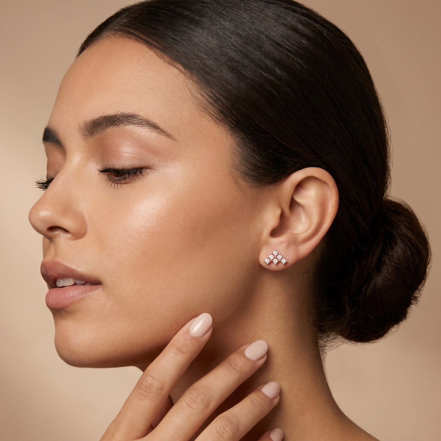 Triad Pyramid Round Diamond Stud Earrings in Rose Gold - Round Cut Lab Diamond Rose Gold Ring