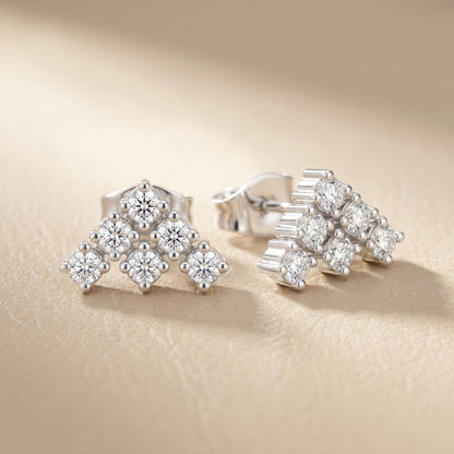 Triad Pyramid Round Diamond Stud Earrings in Silver - Round Cut Lab Diamond Silver Ring