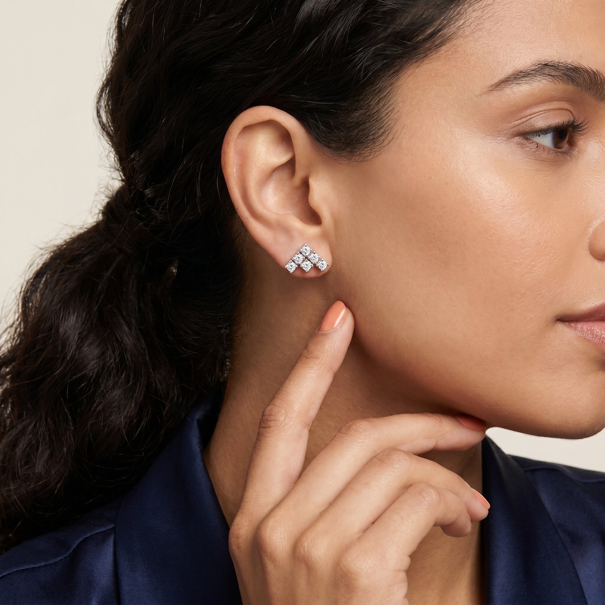 Triad Pyramid Round Diamond Stud Earrings in Platinum - Round Cut Lab Diamond Platinum Ring