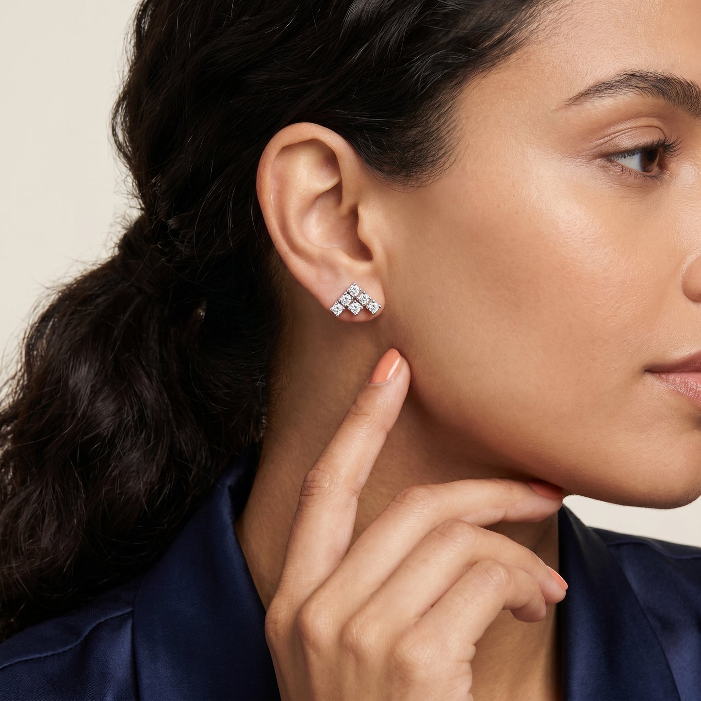 Triad Pyramid Round Diamond Stud Earrings in Silver - Round Cut Lab Diamond Silver Ring