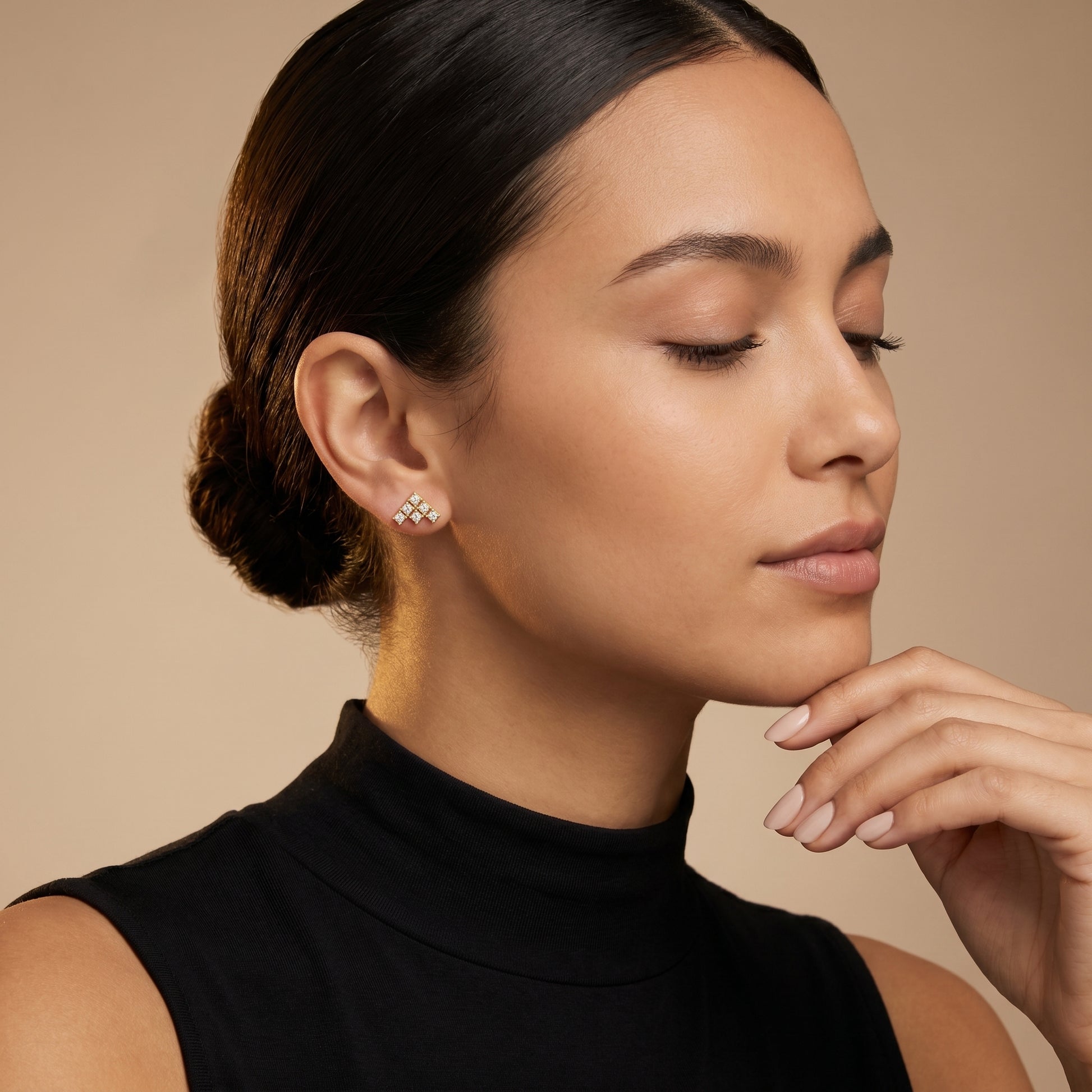 Triad Pyramid Round Diamond Stud Earrings in Yellow Gold - Round Cut Lab Diamond Yellow Gold Ring