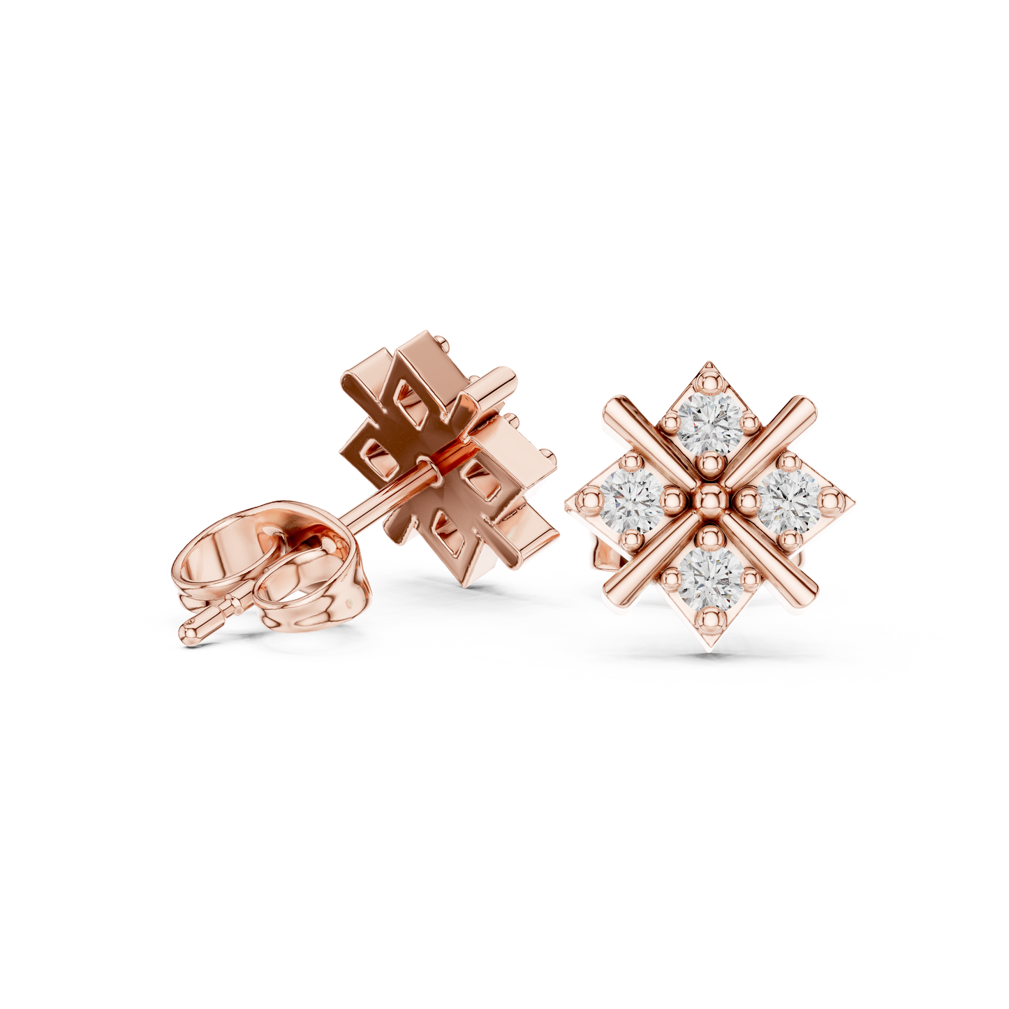 Quadra Star Round Diamond Stud Earrings in Rose Gold - Round Cut Lab Diamond Rose Gold Ring