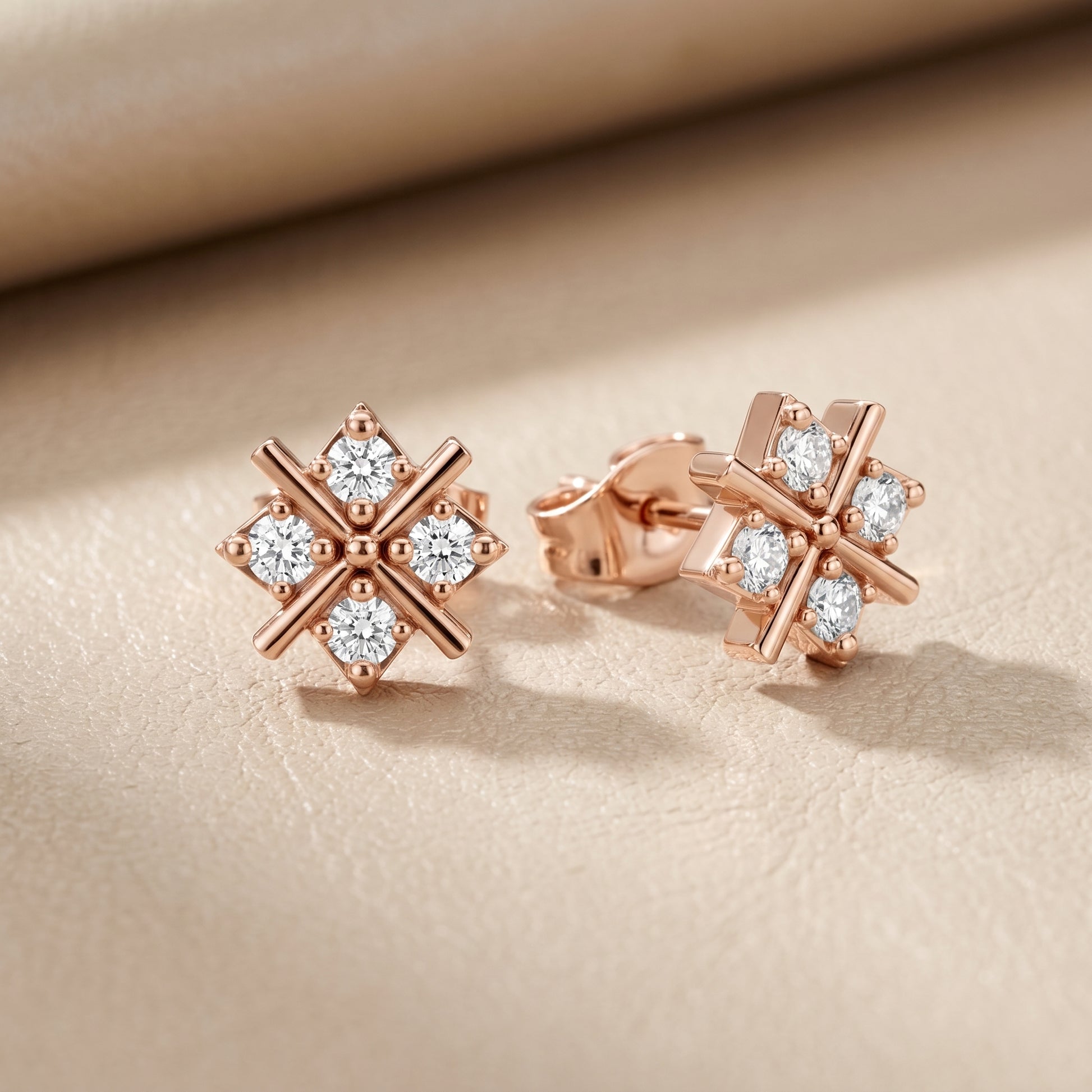Quadra Star Round Diamond Stud Earrings in Rose Gold - Round Cut Lab Diamond Rose Gold Ring