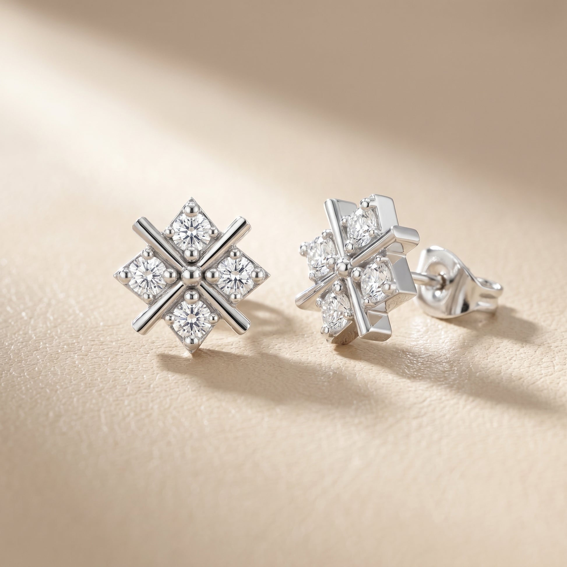 Quadra Star Round Diamond Stud Earrings in Platinum - Round Cut Lab Diamond Platinum Ring