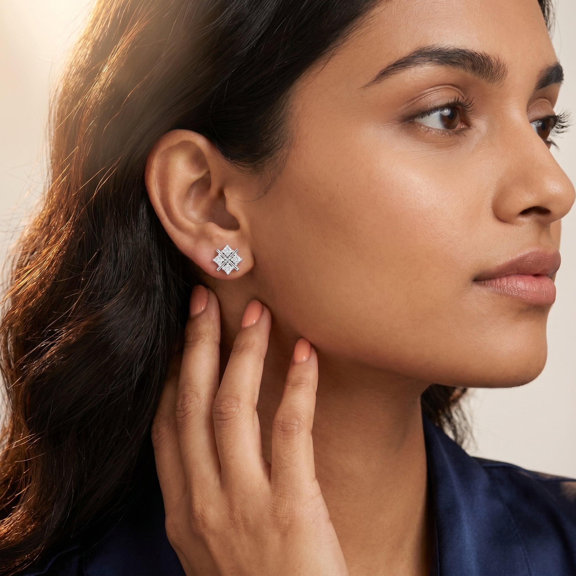 Quadra Star Round Diamond Stud Earrings in Platinum - Round Cut Lab Diamond Platinum Ring