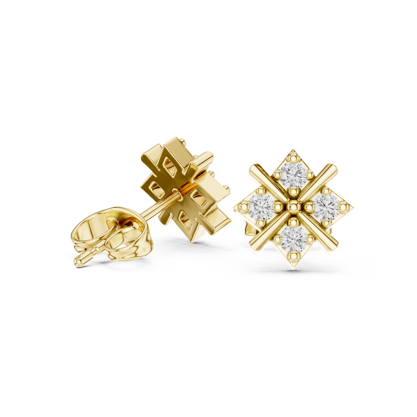 Quadra Star Round Diamond Stud Earrings in Yellow Gold - Round Cut Lab Diamond Yellow Gold Ring