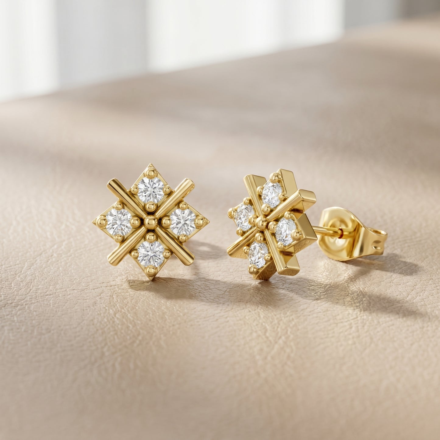 Quadra Star Round Diamond Stud Earrings in Yellow Gold - Round Cut Lab Diamond Yellow Gold Ring