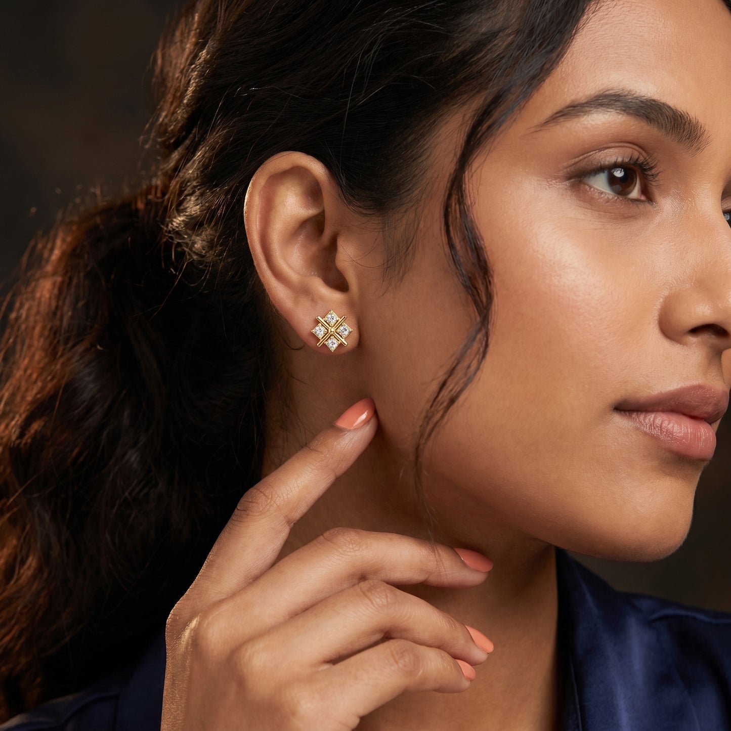 Quadra Star Round Diamond Stud Earrings in Yellow Gold - Round Cut Lab Diamond Yellow Gold Ring
