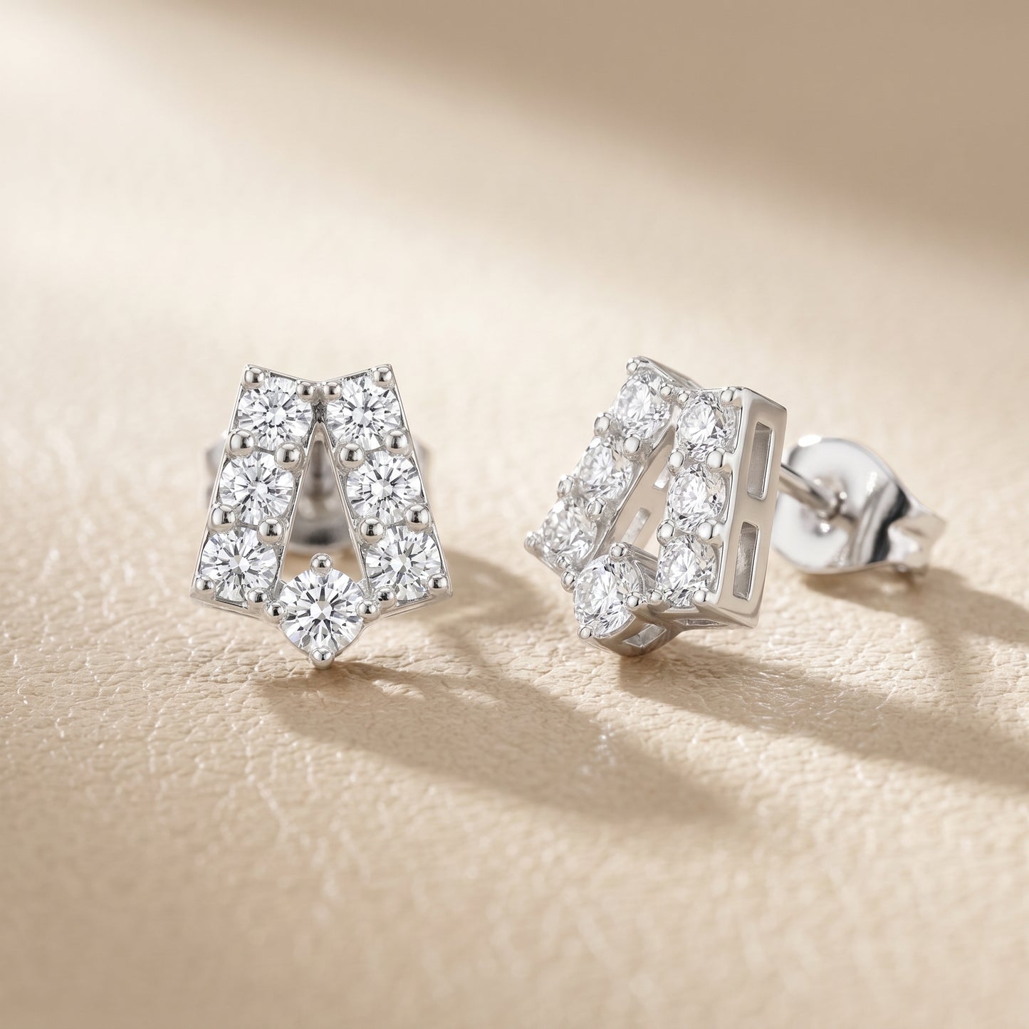 Chevron Essence Round Diamond Stud Earrings in Silver - Round Cut Lab Diamond Silver Ring