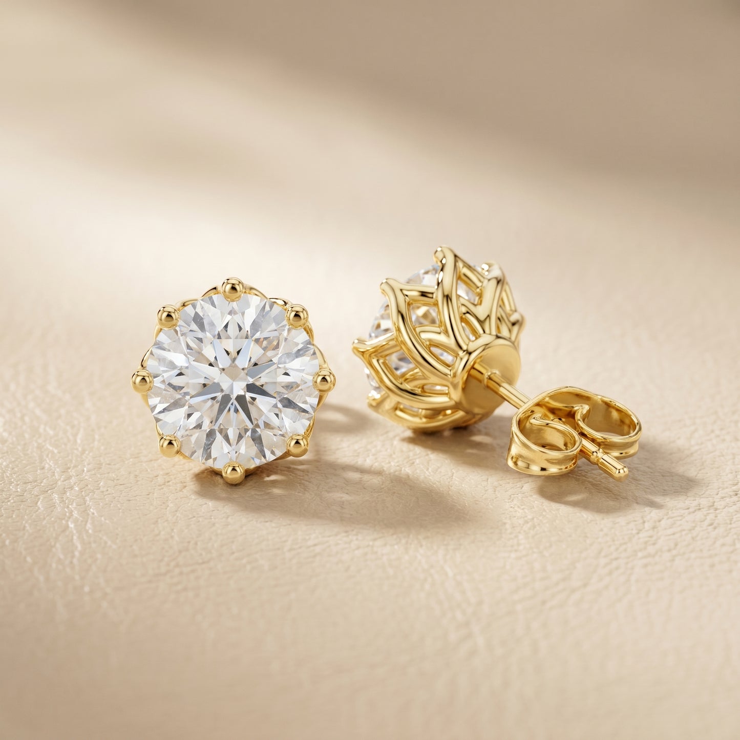 Round Cut Lab Grown Diamond Stud Earrings in Yellow Gold