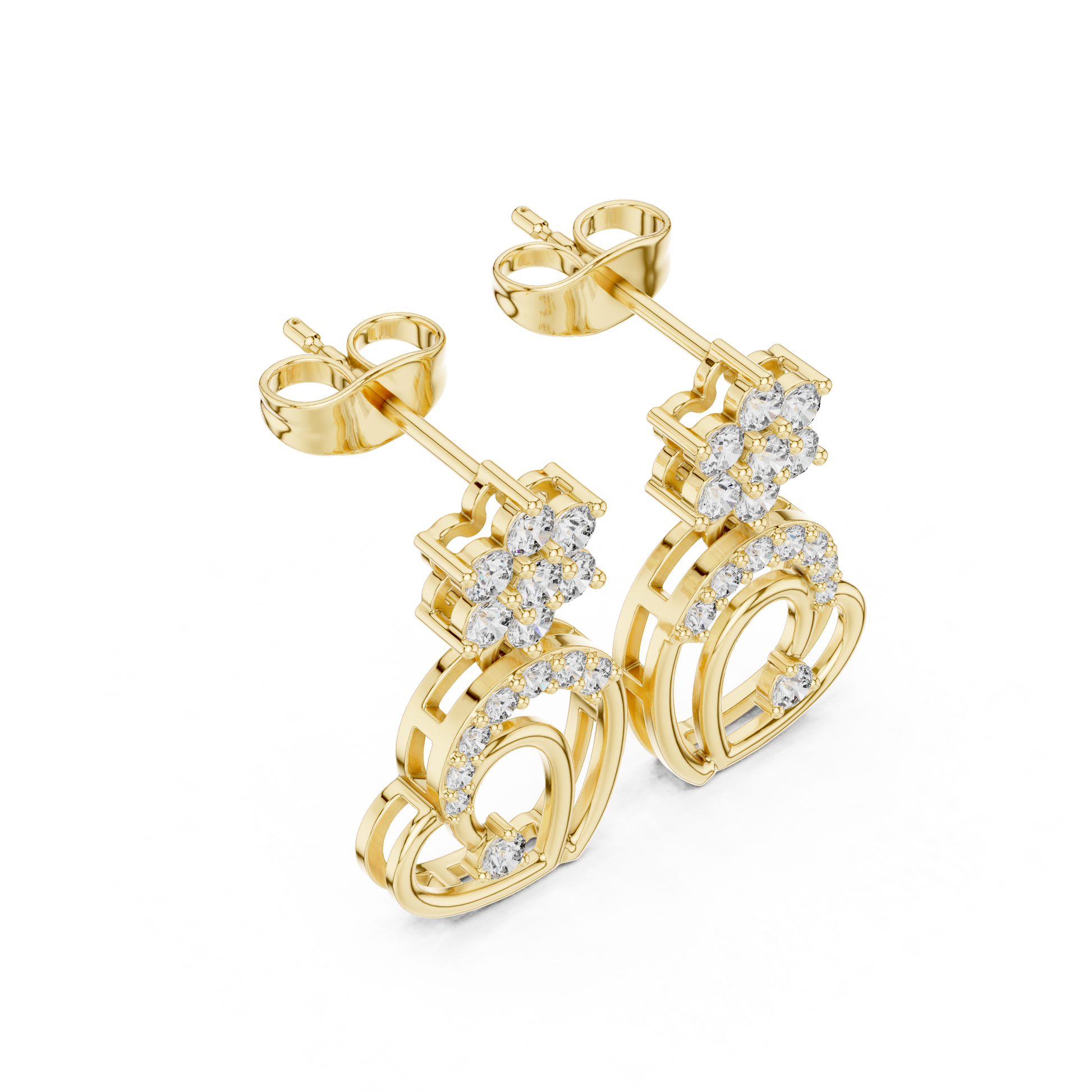 Round Cut Lab Grown Diamond Drop Earrings in Yellow Gold