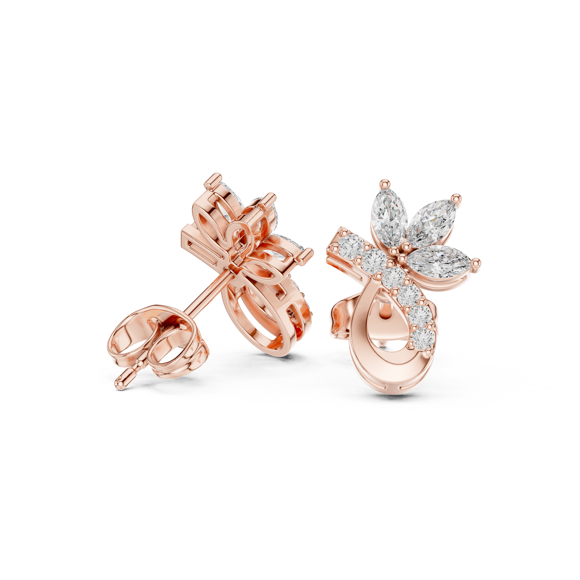 Marquise Round Cut Lab Grown Diamond Stud Earrings in Rose Gold