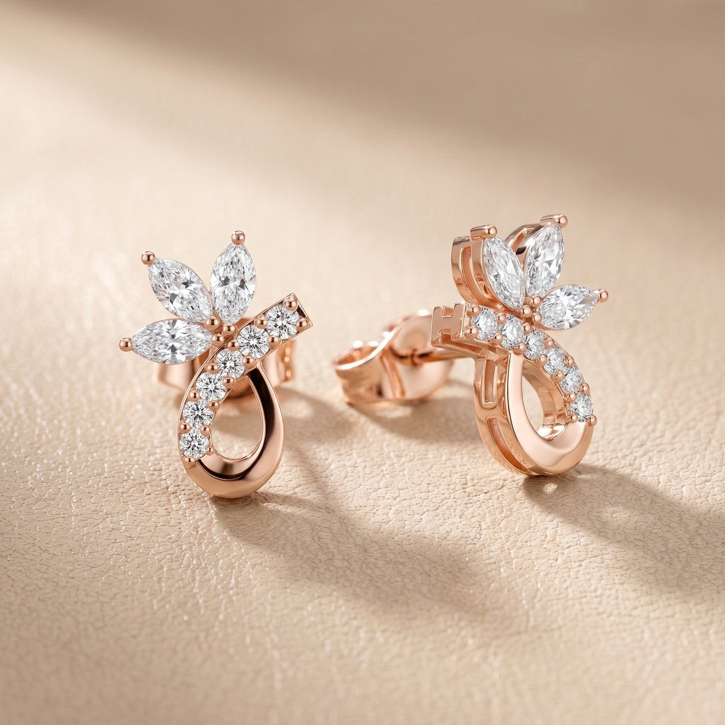 Marquise Round Cut Lab Grown Diamond Stud Earrings in Rose Gold