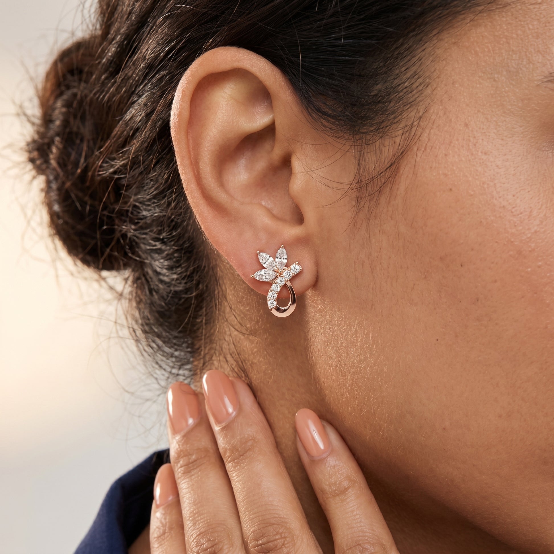 Marquise Round Cut Lab Grown Diamond Stud Earrings in Rose Gold