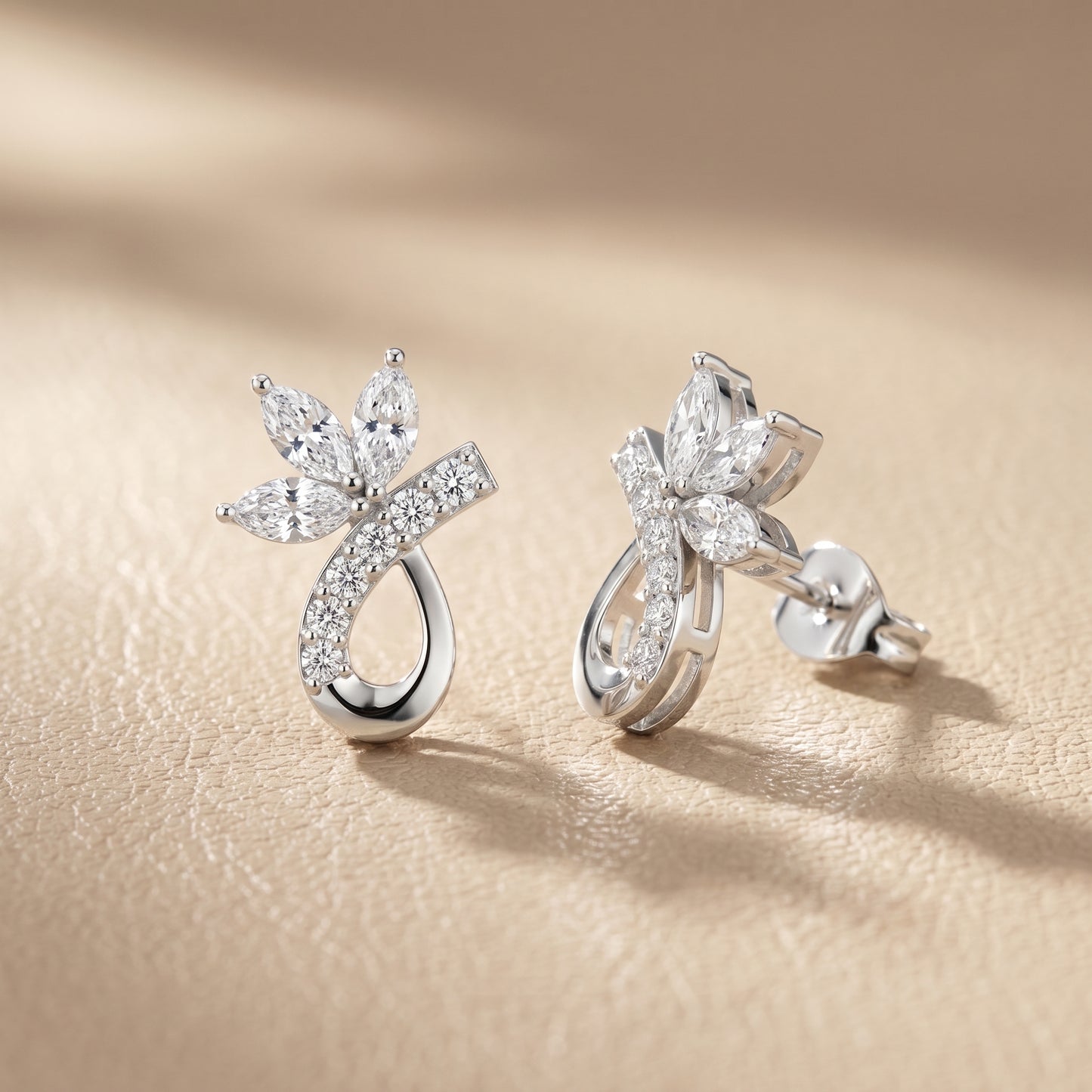 Marquise Round Cut Lab Grown Diamond Stud Earrings in Silver