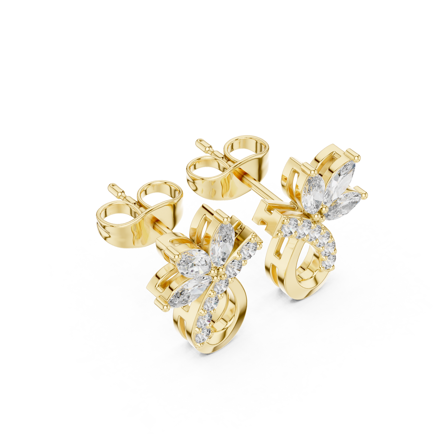 Marquise Round Cut Lab Grown Diamond Stud Earrings in Yellow Gold