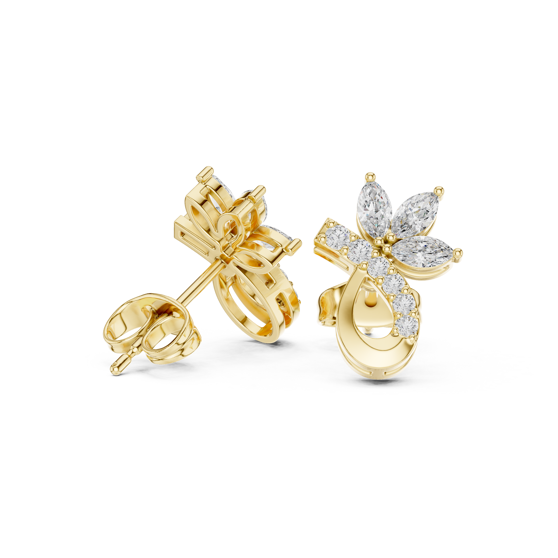Marquise Round Cut Lab Grown Diamond Stud Earrings in Yellow Gold