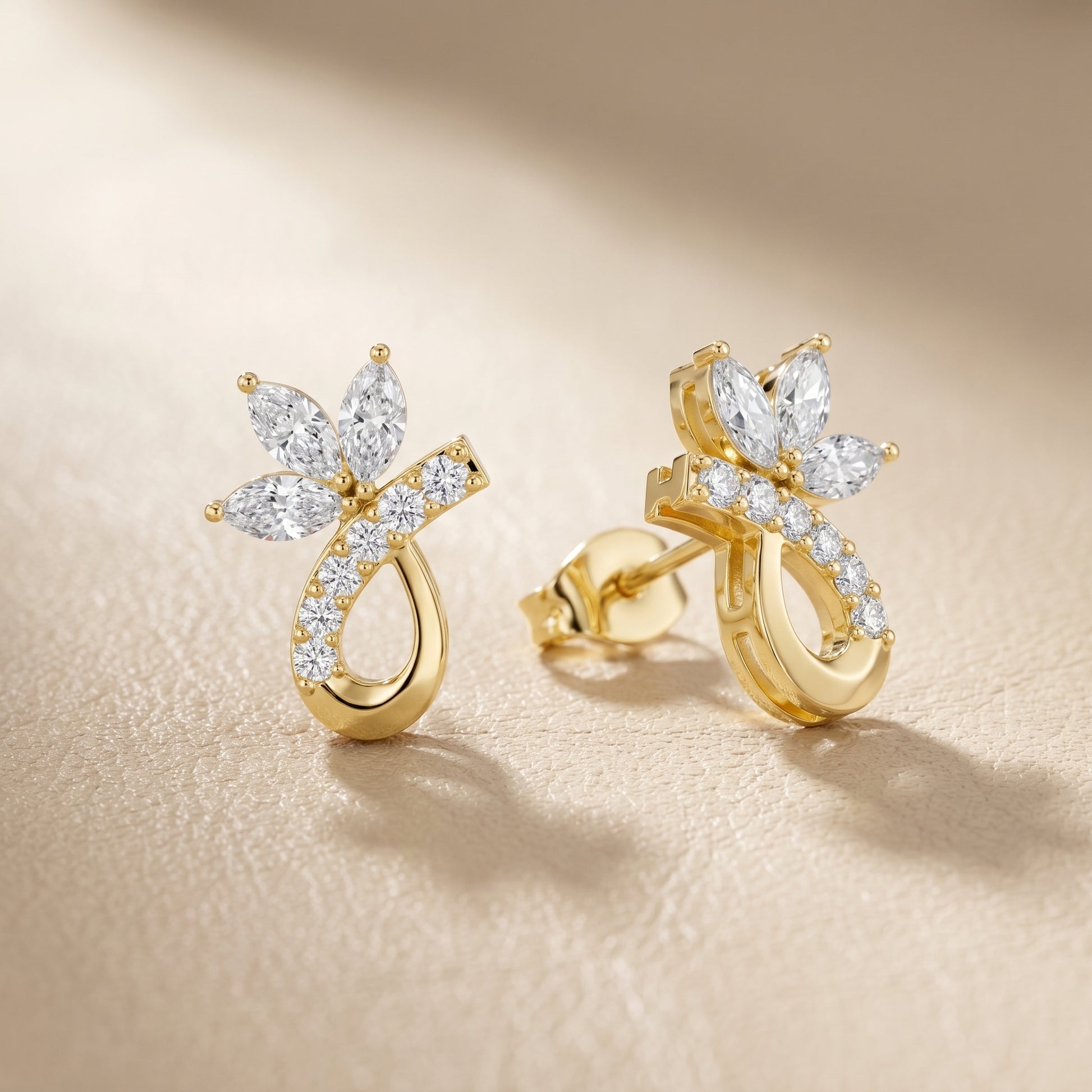 Marquise Round Cut Lab Grown Diamond Stud Earrings in Yellow Gold
