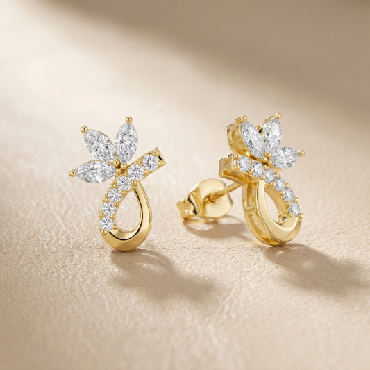 Marquise Round Cut Lab Grown Diamond Stud Earrings in Yellow Gold