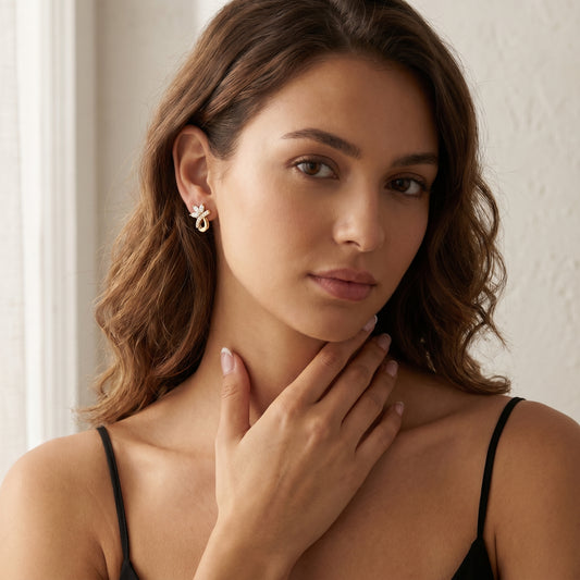 Marquise Round Cut Lab Grown Diamond Stud Earrings in Yellow Gold