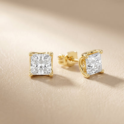 Princess Cut Lab Grown Diamond Stud Earrings in Yellow Gold