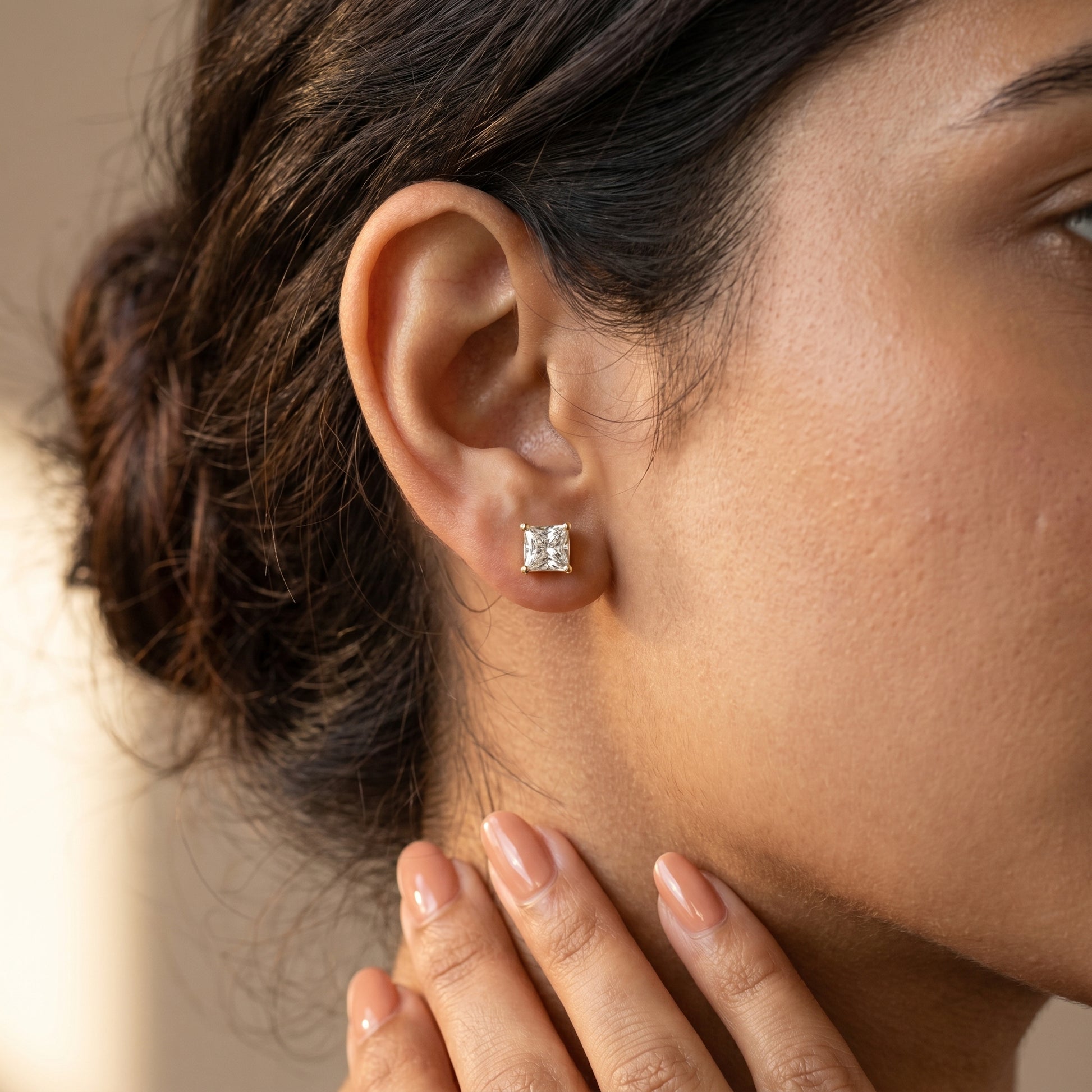 Princess Cut Lab Grown Diamond Stud Earrings in Yellow Gold