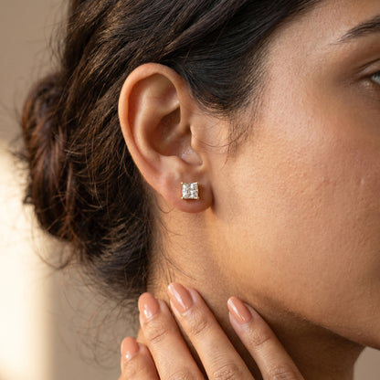 Princess Cut Lab Grown Diamond Stud Earrings in Yellow Gold