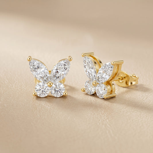 Marquise Round Cut Lab Grown Diamond Stud Earrings in Yellow Gold