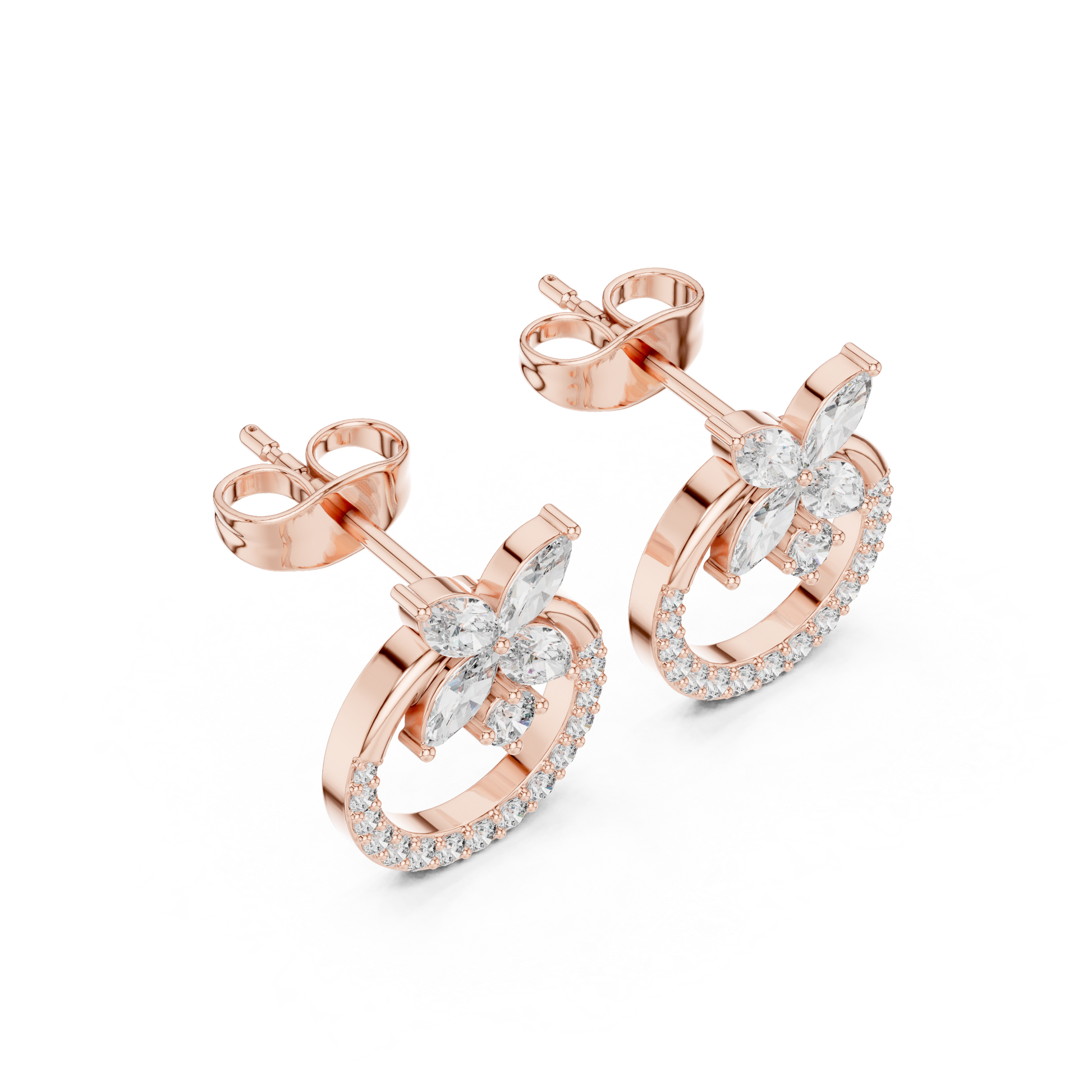 Marquise Round Cut Lab Grown Diamond Stud Earrings in Rose Gold