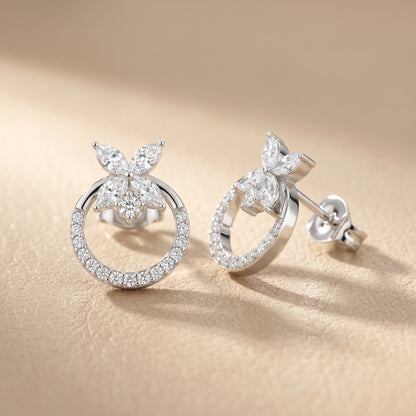 Marquise Round Cut Lab Grown Diamond Stud Earrings in Silver
