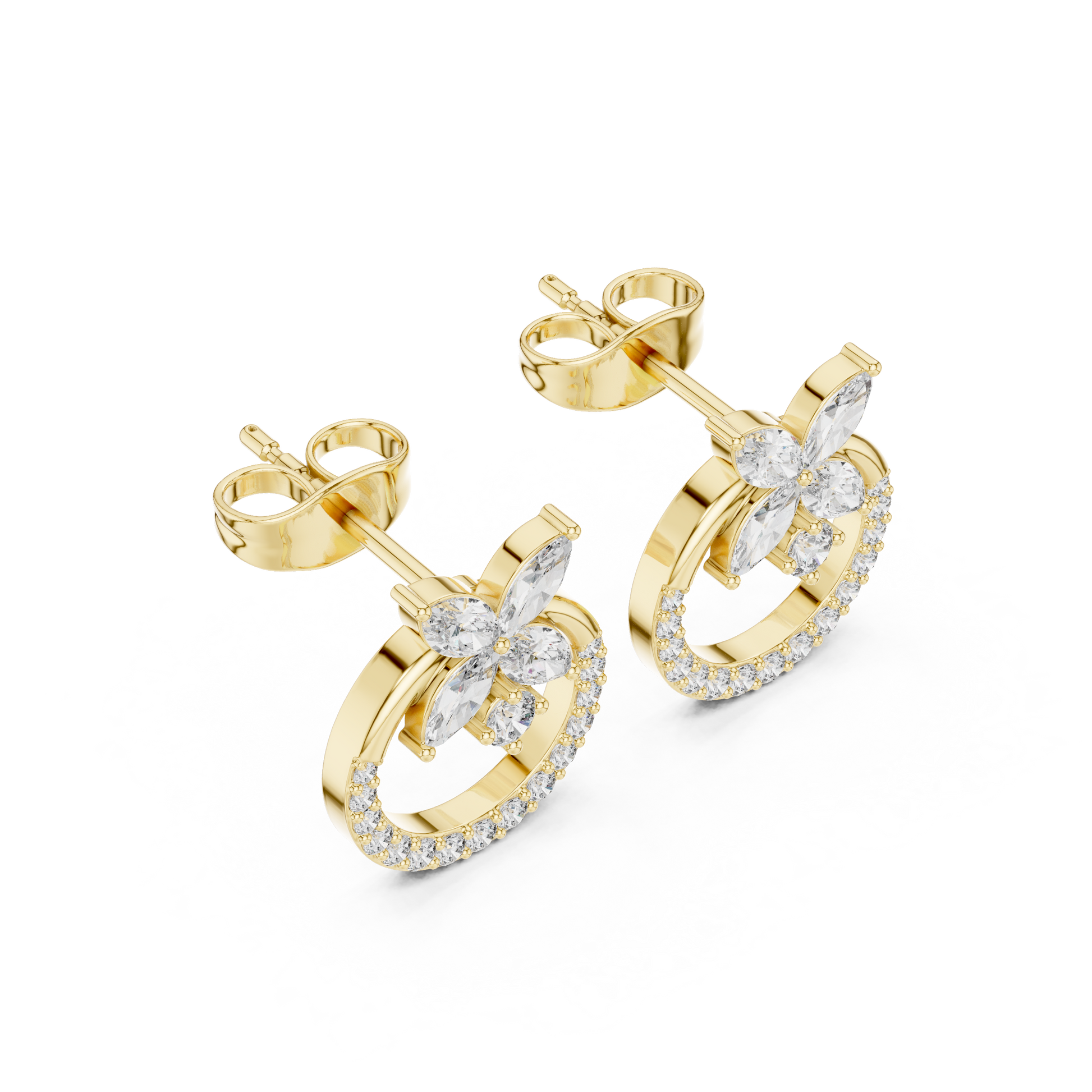 Marquise Round Cut Lab Grown Diamond Stud Earrings in Yellow Gold