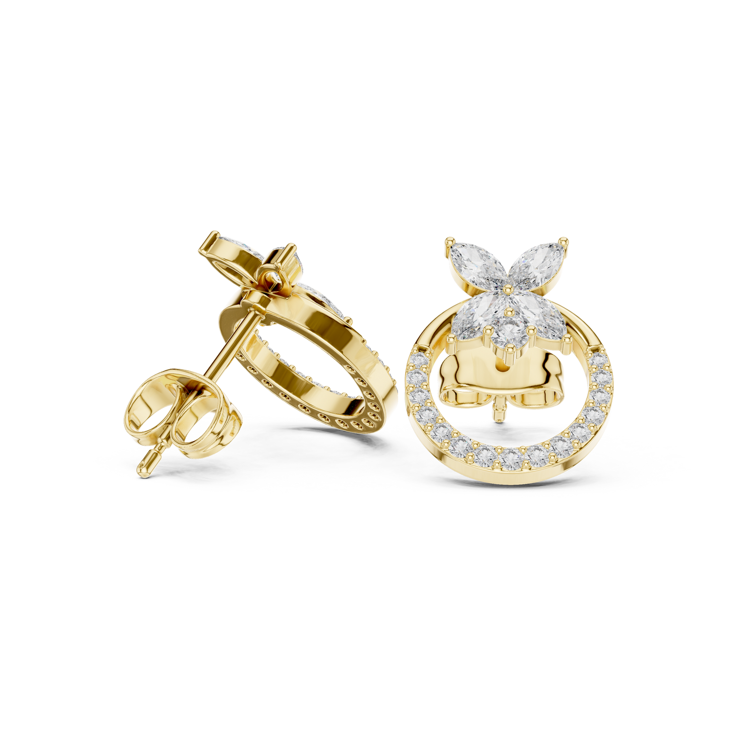 Marquise Round Cut Lab Grown Diamond Stud Earrings in Yellow Gold