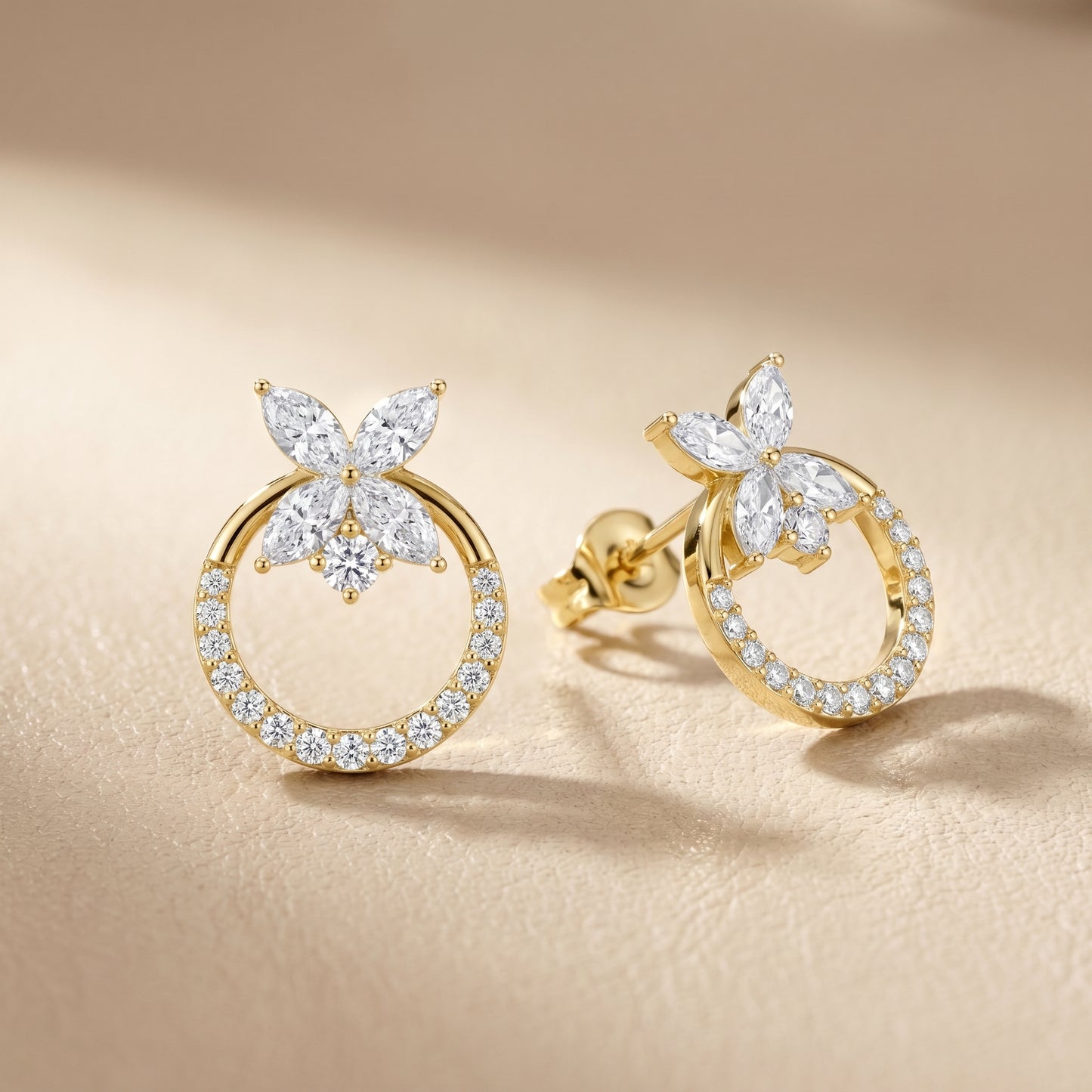 Marquise Round Cut Lab Grown Diamond Stud Earrings in Yellow Gold