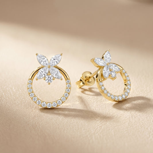 Marquise Round Cut Lab Grown Diamond Stud Earrings in Yellow Gold